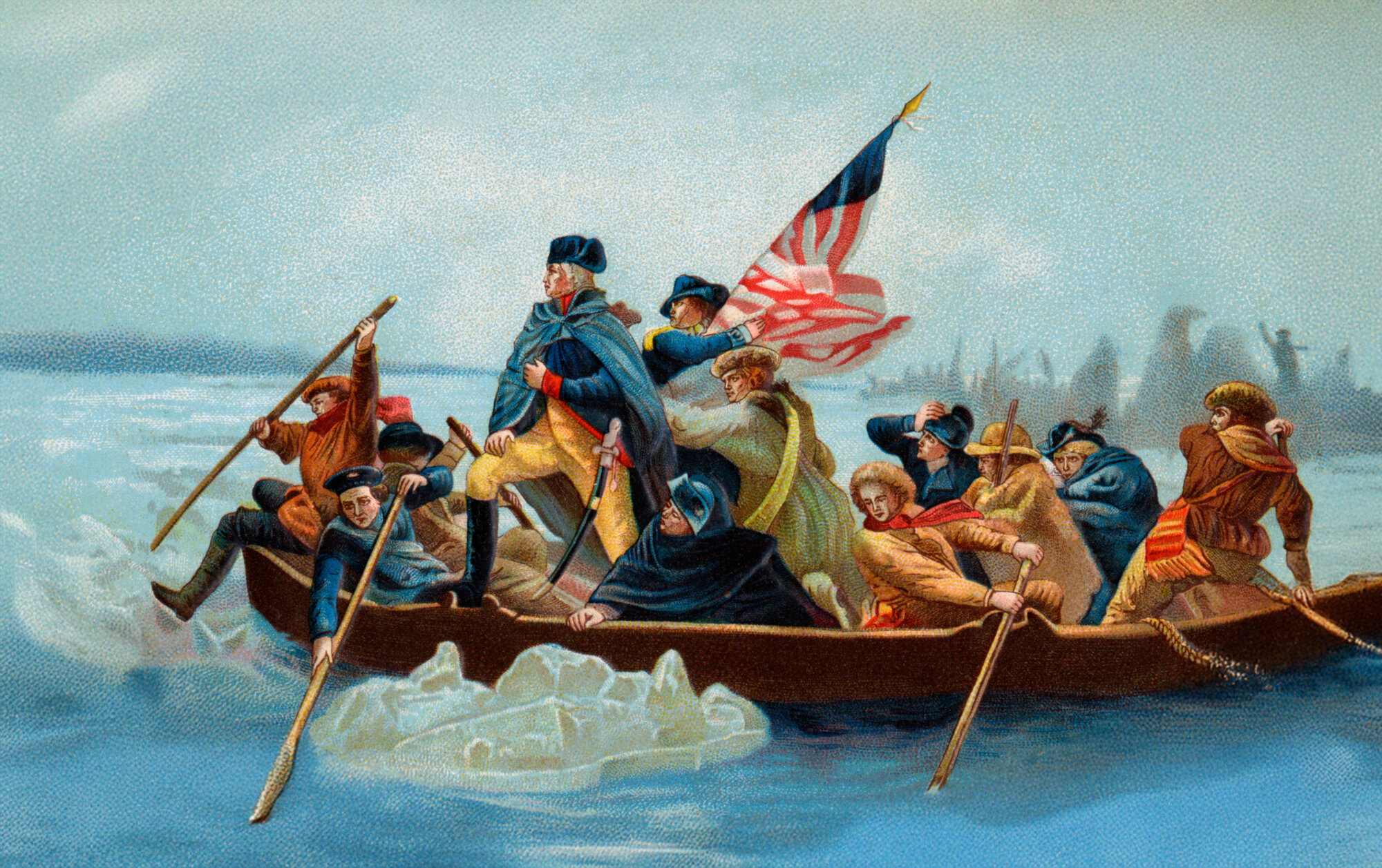 George Washington Crossing the Delaware - An oval, 1908 chromolitho reproduction of Emanuel Leutze's painting (1851) of Washington's December 26, 1776 surprise crossing in the Battle of Trenton