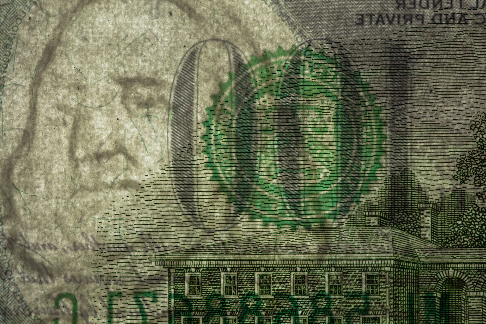 fragment of 100 dollar banknote with visible details of banknote reverse for design purpose